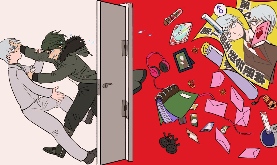 book, bottle, brown_footwear, brown_hair, clenched_teeth, danganronpa_(series), danganronpa_3_(anime), door