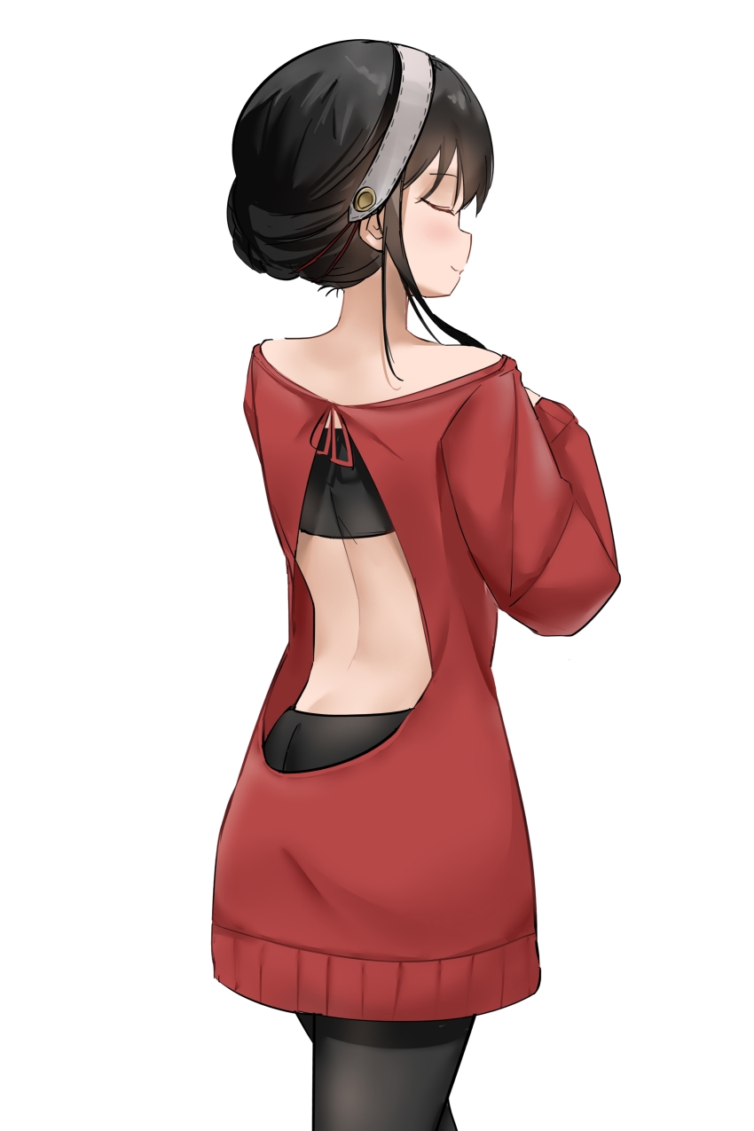 1girl, absurdres, back, back_cutout, bare_shoulders, black_hair, black_pantyhose, closed_mouth