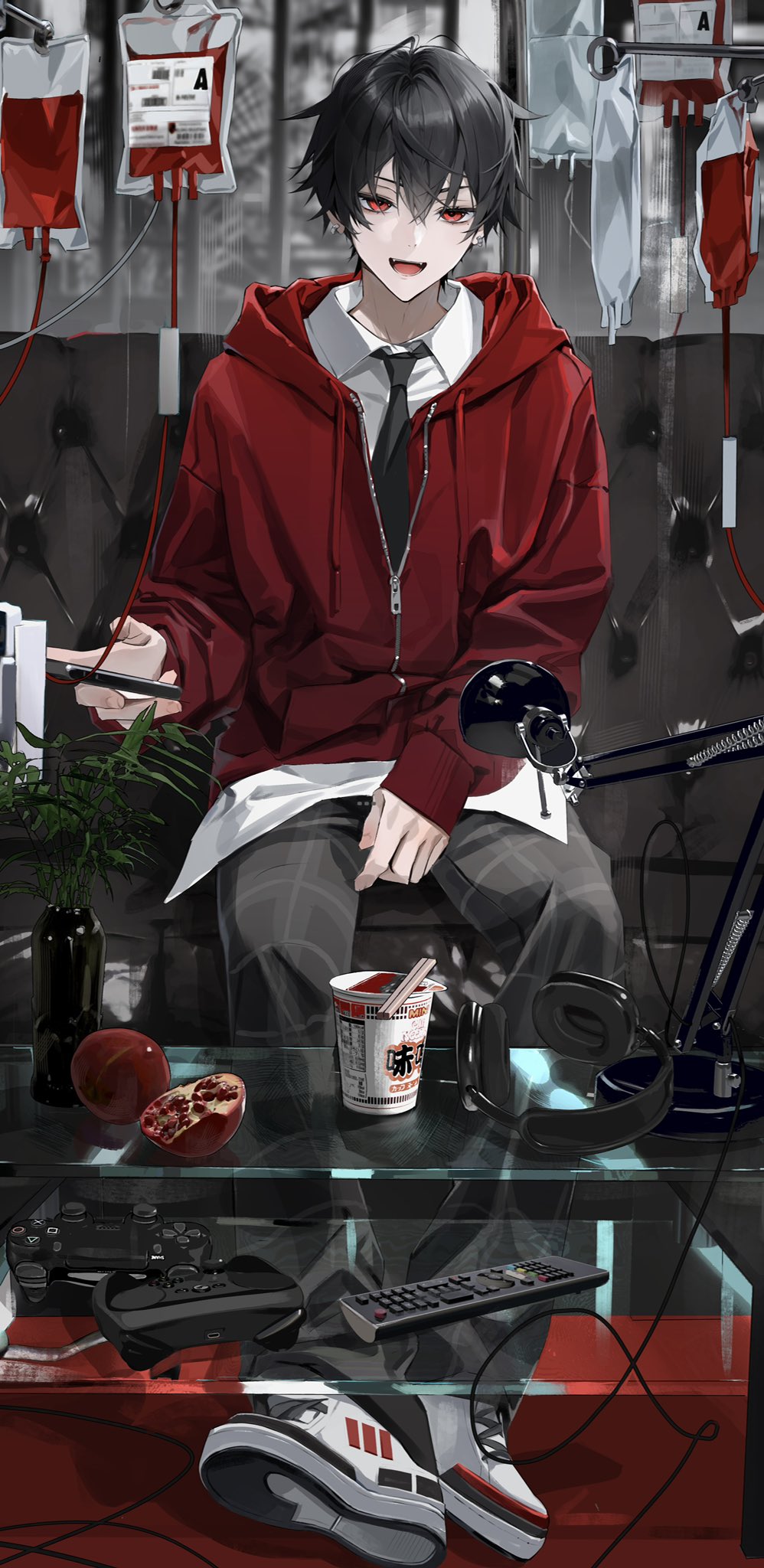 1boy, black_hair, black_necktie, blood, blood_bag, blouse, cellphone, collared_shirt