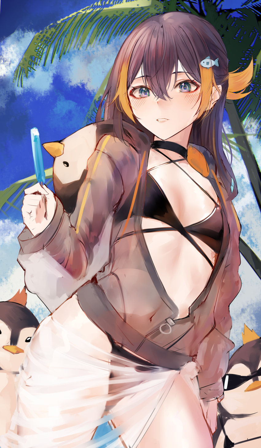1girl, absurdres, alternate_costume, alternate_hair_length, alternate_hairstyle, bikini, bird, black_bikini, black_choker, black_hoodie, blue_eyes, blush, breasts, brown_hair, choker, cloud, collarbone, covered_navel, fish_hair_ornament, food, hair_behind_ear, hair_ornament, highres, holding, hood, hoodie, long_hair, multicolored_hair, naokomama, nijisanji, nijisanji_en, orange_hair, palm_tree, penguin, petra_gurin, popsicle, see-through_hoodie, sky, small_breasts, solo, streaked_hair, swimsuit, tree, virtual_youtuber