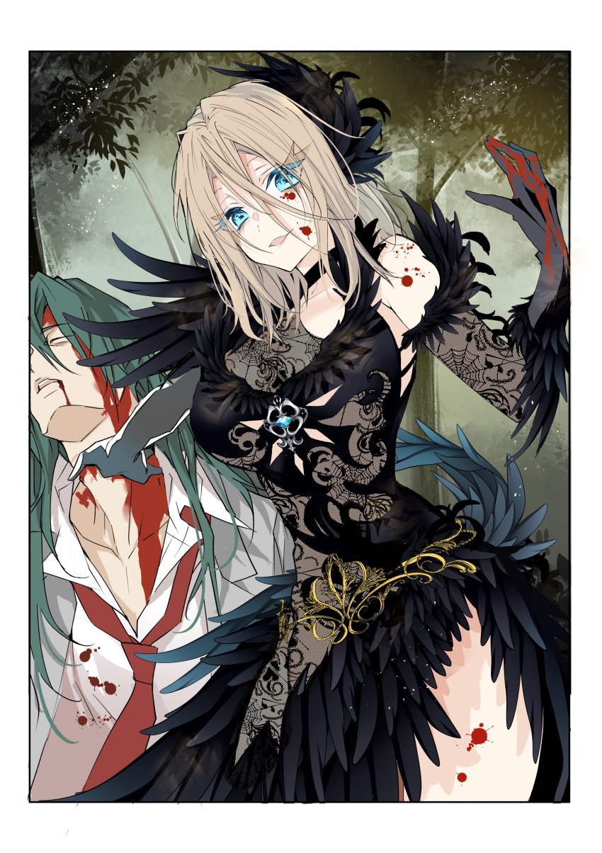 1boy, 1girl, absurdres, black_dress, black_gloves, black_hair, blazer, blood, blood_on_face, blood_on_hands, blouse, dress, elbow_gloves, gloves, grey_jacket, hair_between_eyes, head_tilt, highres, holding_person, jacket, jilk_fia_marmoria, long_hair, looking_at_viewer, necktie, olivia_(mobseka), open_hand, otome_game_sekai_wa_mob_ni_kibishii_sekai_desu, red_necktie, shiosato_jun, shirt, smile, solo_focus, white_shirt