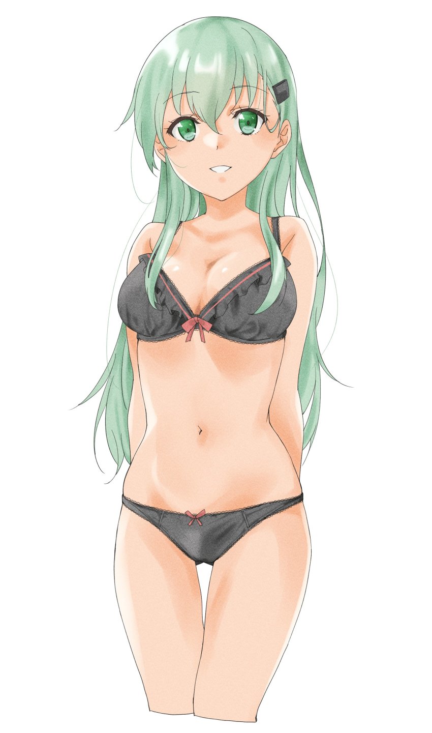 1girl, absurdres, aqua_hair, arms_behind_back, black_bra, black_panties, bra, breasts