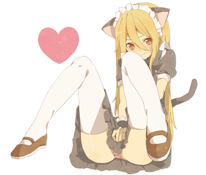 1boy, afuro_terumi, animal_ears, bad_id, bad_pixiv_id, blonde_hair, blush, cat_boy, cat_ears, cat_tail, child, covering_crotch, covering_privates, crossdressing, crossdressing_(mtf), embarrassed, heart, inazuma_eleven, inazuma_eleven_(series), long_hair, maid, male_focus, male_maid, mary_janes, orange_eyes, panties, pantyshot, shoes, sitting, solo, spread_legs, striped_clothes, striped_panties, tail, thighhighs, trap, underwear, wavy_mouth, white_thighhighs, yue_teitoku