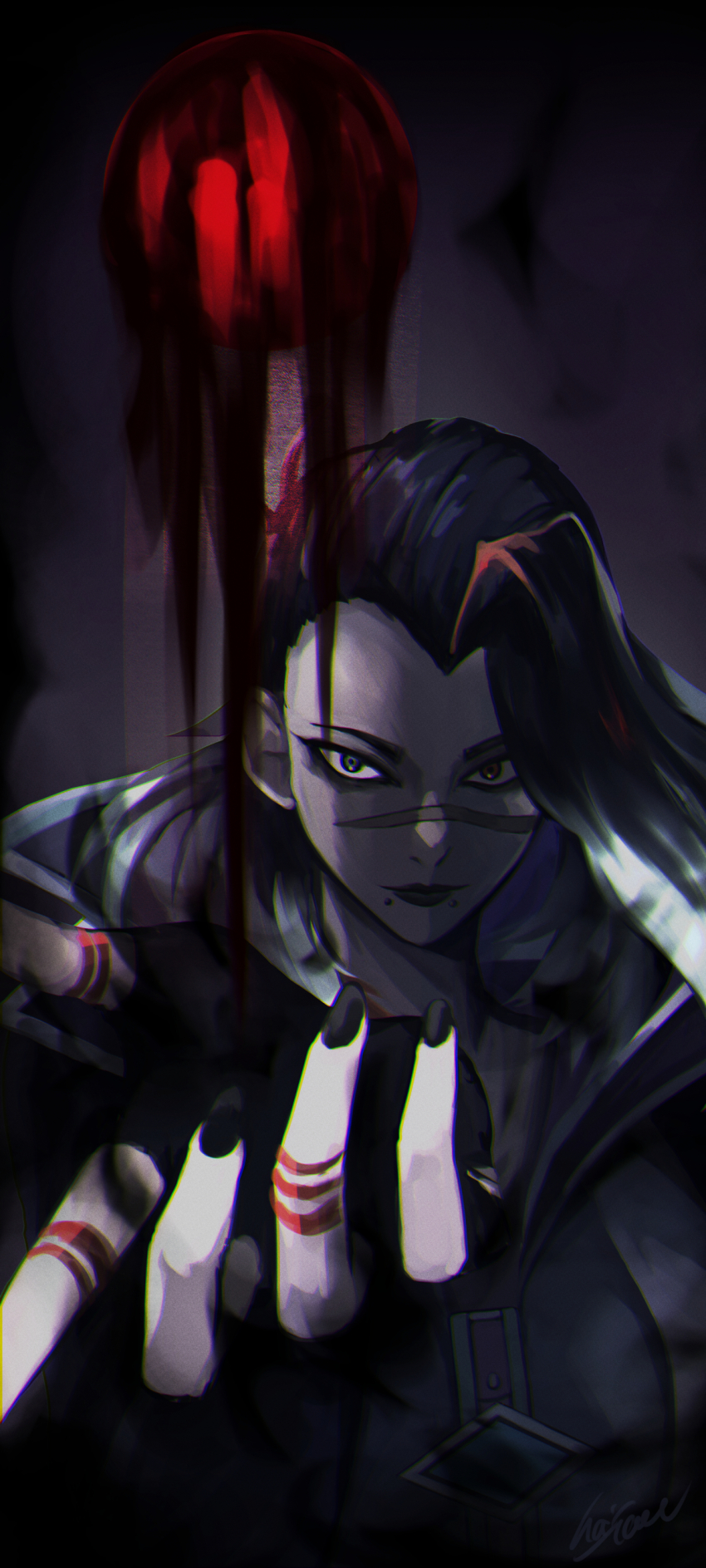 1girl, absurdres, animification, black_gloves, black_hair, black_lips, black_nails, blood