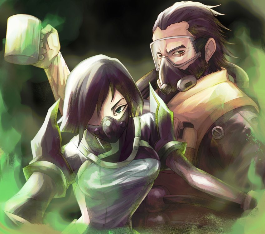 1boy, 1girl, animification, apex_legends, beard, black_background, breasts, brown_eyes, brown_hair, caustic_(apex_legends), commentary_request, crossover, cup, facial_hair, gas_mask, goggles, green_eyes, hair_behind_ear, hair_slicked_back, hajime_(hihumikara), hazmat_suit, highres, holding, holding_cup, mask, medium_breasts, mouth_mask, mug, one_eye_covered, partial_commentary, power_connection, short_hair, smoke, valorant, viper_(valorant)