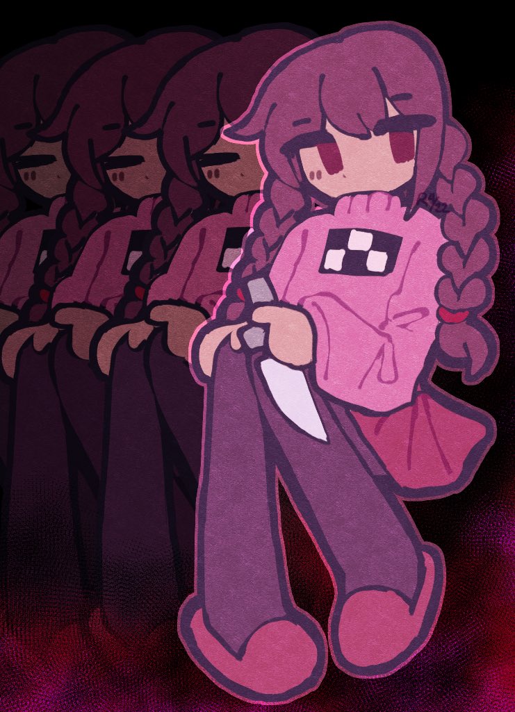 1girl, afterimage, blush, braid, brown_hair, closed_eyes, holding, holding_knife, kitchen_knife, knife, madotsuki, pink_shirt, pink_sweater, reibyous, shirt, skirt, solo, sweater, turtleneck, twin_braids, unusually_open_eyes, yume_nikki