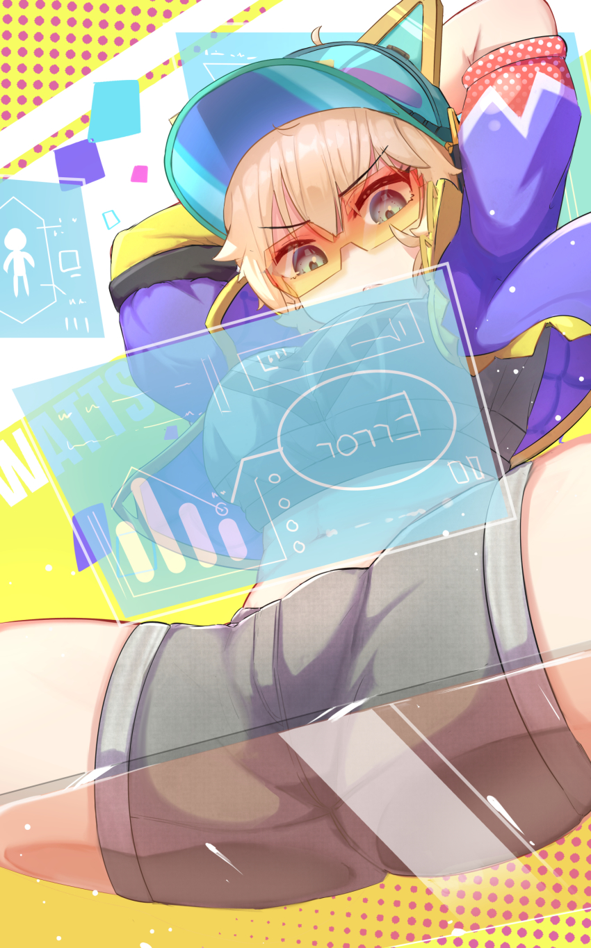 1girl, absurdres, animal_ear_headphones, animal_ears, animification, apex_legends, arms_up, blonde_hair, blue_eyes, blue_hat, breasts, cat_ear_headphones, cat_ears, fake_animal_ears, glass, grey_shorts, hat, headphones, highres, holographic_monitor, jacket, looking_down, medium_breasts, miaoema, midriff, navel, official_alternate_costume, purple_jacket, short_hair, shorts, sitting, solo, split, sunglasses, thunder_kitty_wattson, v-shaped_eyebrows, visor_cap, wattson_(apex_legends)