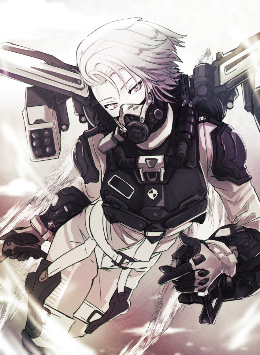 1girl, animification, apex_legends, armor, bodysuit, finger_gun, flying, gas_mask