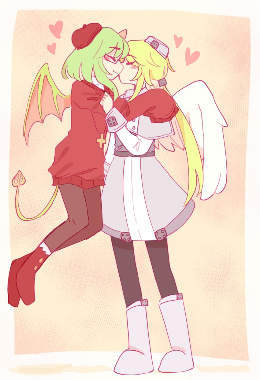 2girls, angel, angel_wings, blonde_hair, blush, boots, closed_eyes, cross