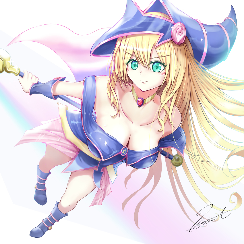 1girl, absurdres, aqua_eyes, blonde_hair, blue_boots, blue_dress, blue_hat, blush