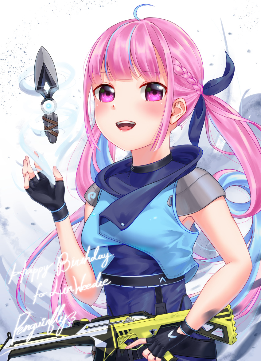 1girl, absurdres, assault_rifle, black_gloves, blue_bodysuit, blue_hair, blue_jacket, blue_ribbon