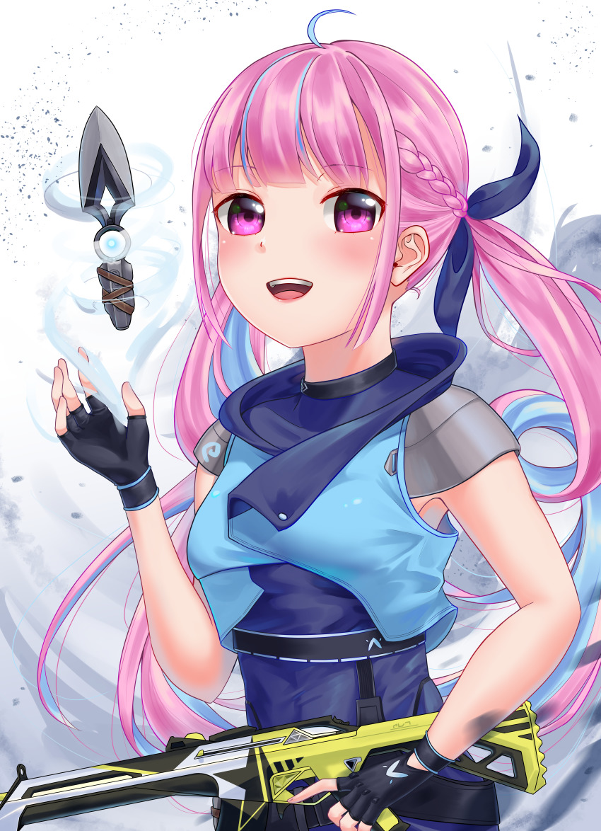 1girl, absurdres, assault_rifle, black_gloves, blue_bodysuit, blue_hair, blue_jacket, blue_ribbon, bodysuit, chinese_commentary, cosplay, cropped_jacket, fingerless_gloves, floating, floating_object, floating_weapon, gloves, gun, hair_behind_ear, hair_ribbon, highres, holding, holding_gun, holding_weapon, hololive, hood, hooded_jacket, jacket, jett_(valorant), jett_(valorant)_(cosplay), knife, long_hair, looking_at_viewer, minato_aqua, pink_hair, purple_eyes, qi'e_fei, ribbon, rifle, sleeveless, sleeveless_jacket, smile, solo, trigger_discipline, twintails, valorant, very_long_hair, virtual_youtuber, weapon