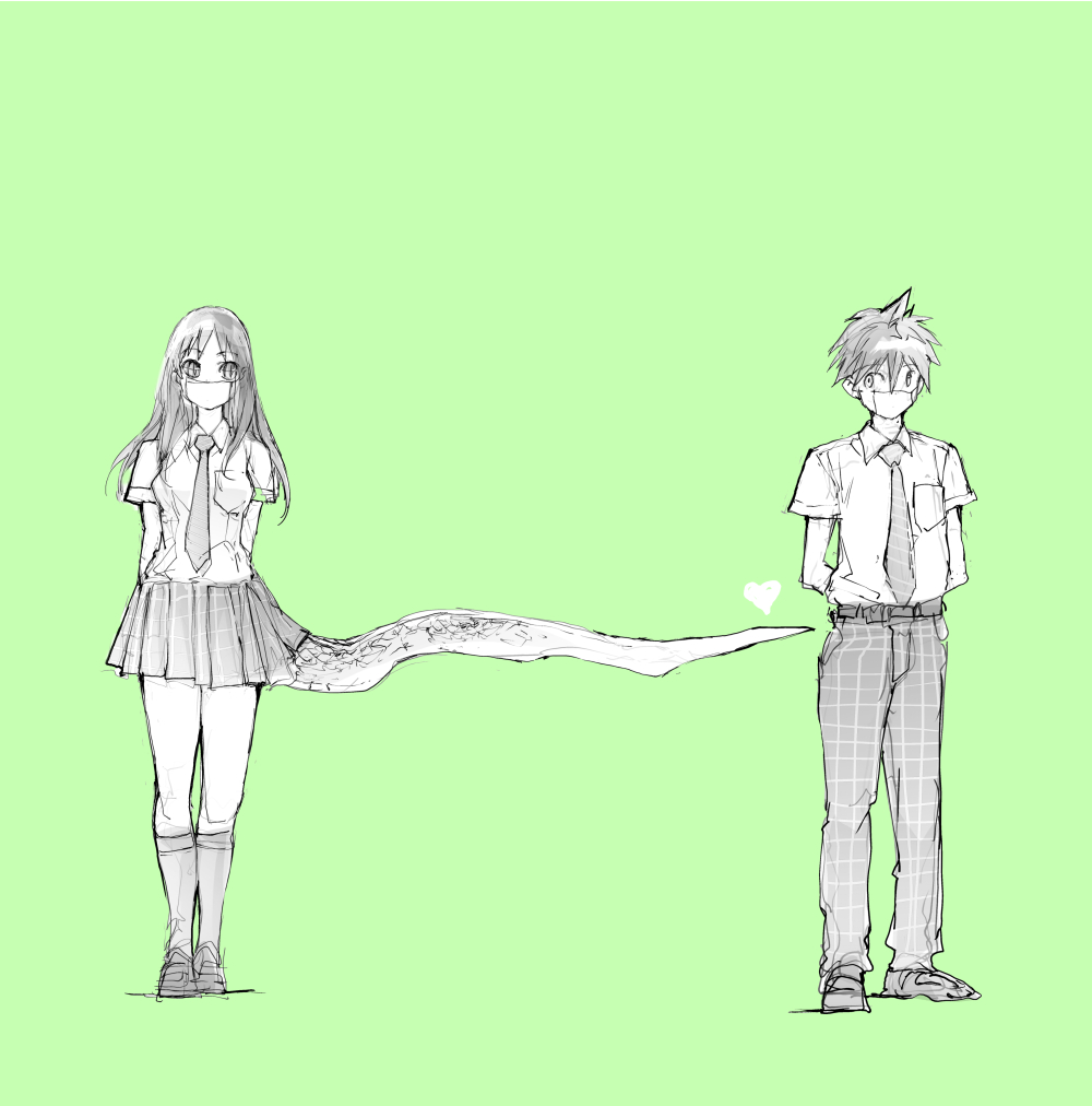 1boy, 1girl, belt, breasts, burningblossom, collared_shirt, green_background, green_theme