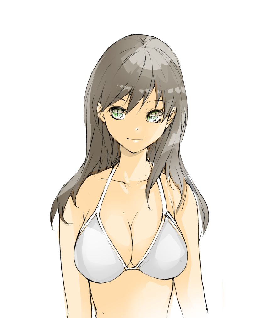 1girl, black_hair, bra, breasts, burningblossom, collarbone, extra_eyelids, grey_bra, hair_behind_ear, highres, looking_to_the_side, medium_breasts, mukasete!_ryuugasaki-san, ryuugasaki-san, smile, solo, underwear, upper_body
