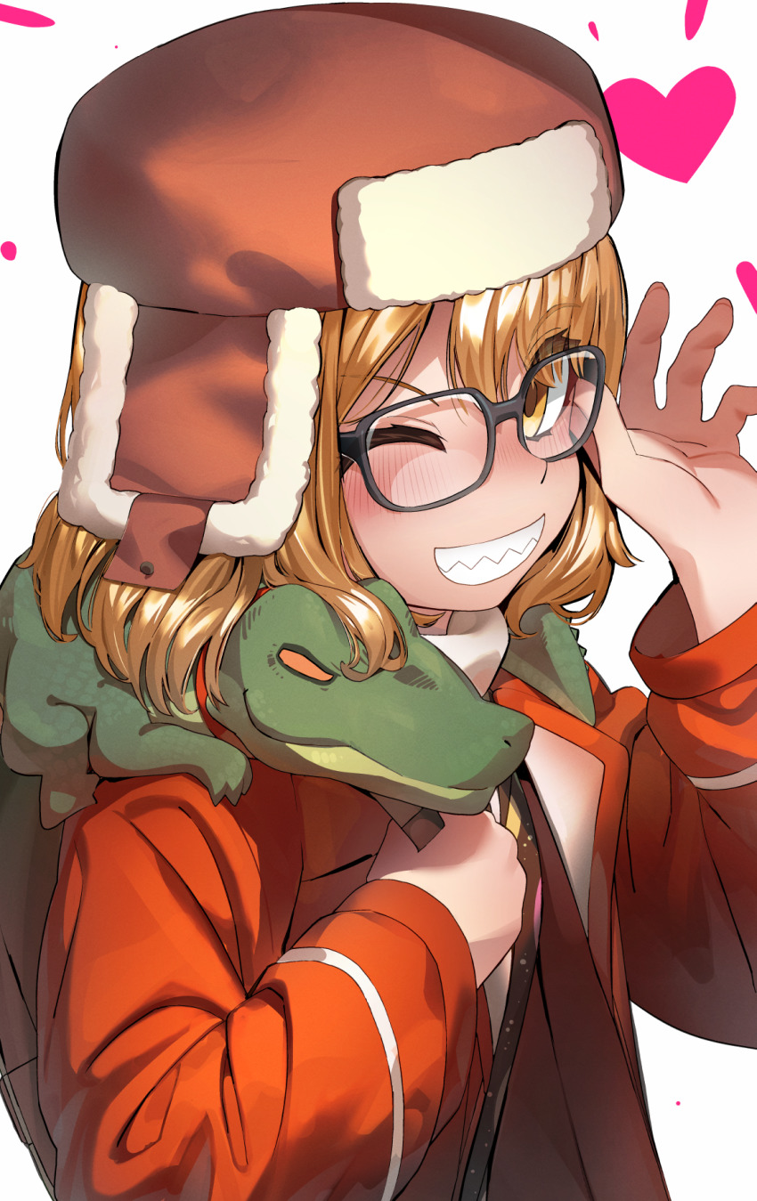 1girl, animal, animal_on_shoulder, blonde_hair, crocodile, crocodilian, fate/grand_order, fate_(series)