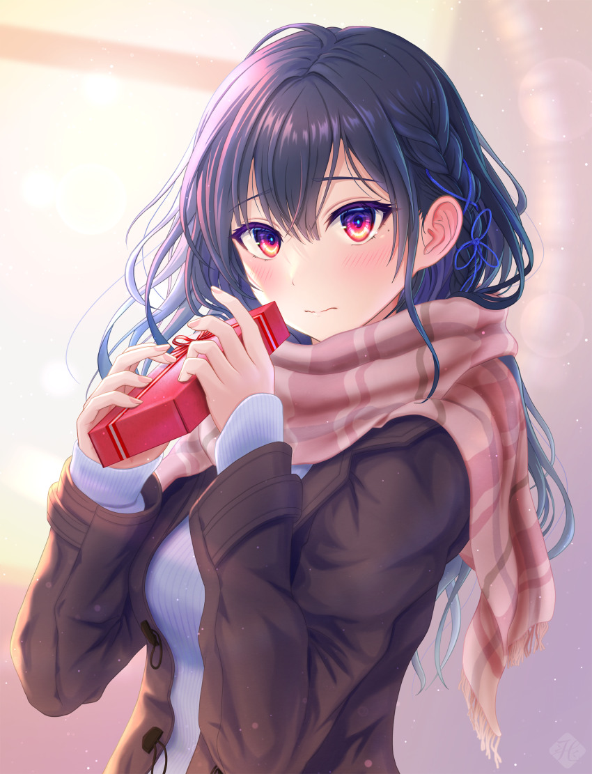 1girl, absurdres, black_hair, blue_ribbon, blush, box, braid, brown_coat