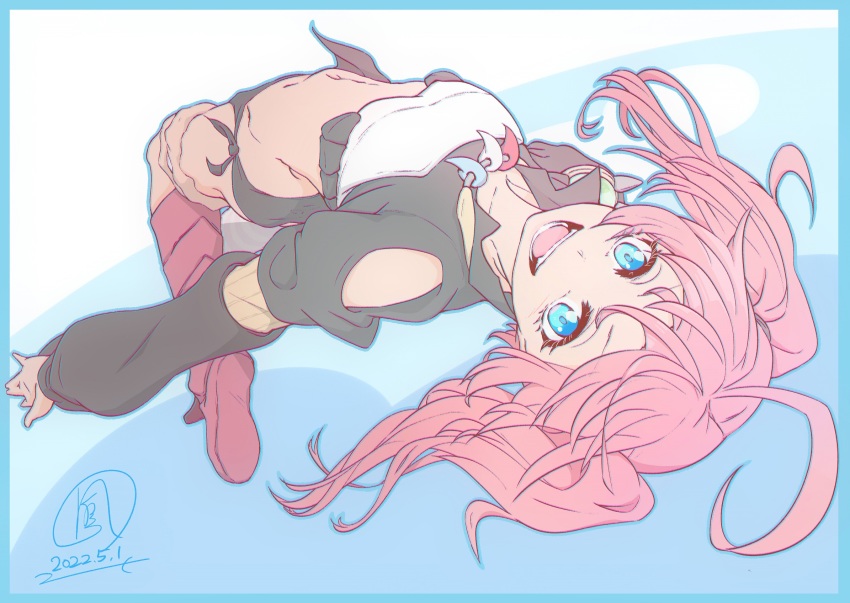 1girl, ahoge, ass, asymmetrical_legwear, black_panties, blue_eyes, boots, breasts, demon_girl, detached_sleeves, highres, jewelry, looking_at_viewer, lying, milim_nava, navel, necklace, on_back, ootori_karen, panties, pink_boots, pink_hair, pink_thighhighs, side-tie_panties, single_thighhigh, small_breasts, smile, solo, striped, teeth, tensei_shitara_slime_datta_ken, thighhighs, tongue, twintails, underwear, uneven_legwear