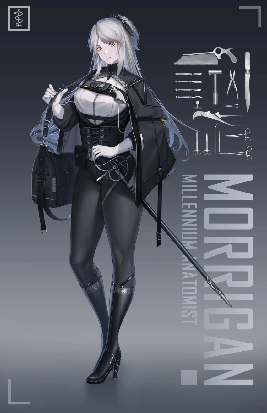 1girl, 3v_ju, absurdres, bag, black_bag, black_boots, black_cape, black_corset