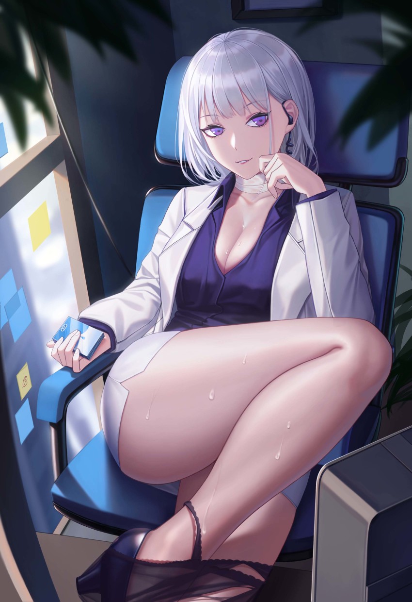 1girl, 3v_ju, absurdres, bandaged_neck, bandages, bare_legs, black_panties, breasts, chair, cleavage, closed_mouth, collarbone, earpiece, feet_out_of_frame, formal_clothes, girls'_frontline, hand_on_own_cheek, hand_on_own_face, high_heels, highres, holding, jacket, legs, looking_at_viewer, medium_breasts, office, office_chair, office_lady, official_alternate_costume, official_style, open_clothes, open_jacket, panties, panty_pull, parted_lips, purple_eyes, purple_footwear, purple_shirt, rpk-16_(girls'_frontline), rpk-16_(renate)_(girls'_frontline), shirt, short_hair, sitting, skirt, smile, solo, suit, swivel_chair, thighs, underwear, white_hair, white_jacket, white_skirt