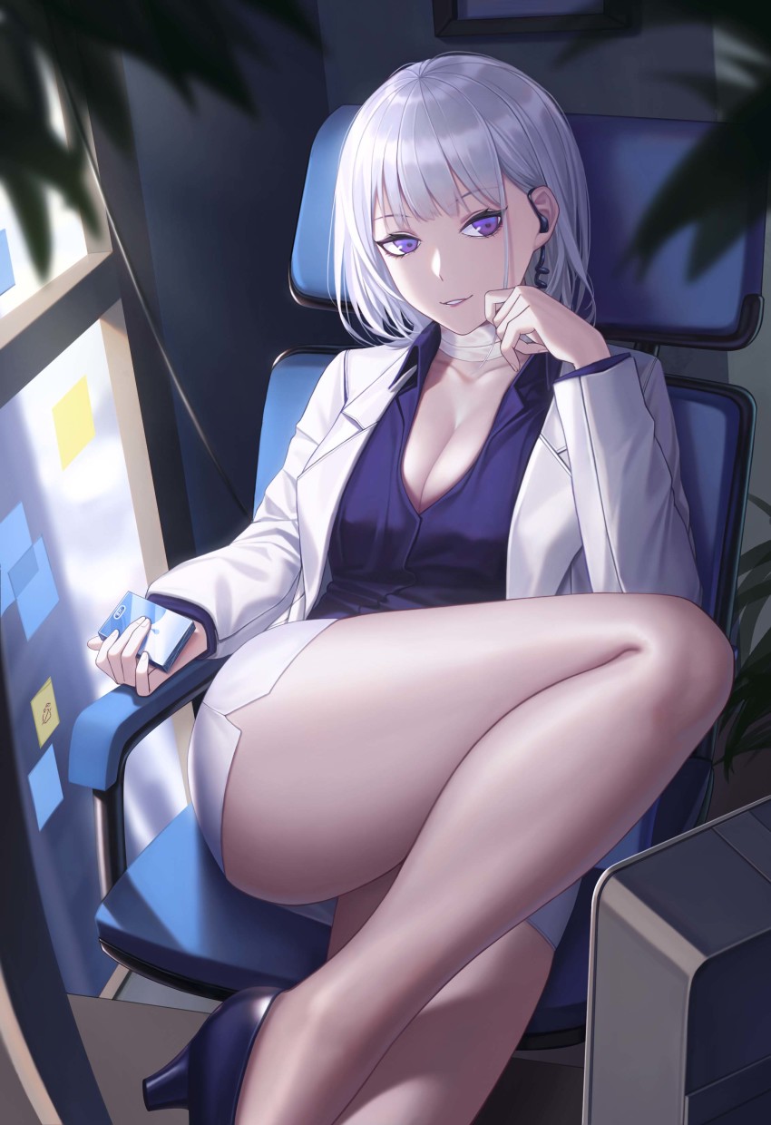1girl, 3v_ju, absurdres, bandaged_neck, bandages, bare_legs, breasts, chair