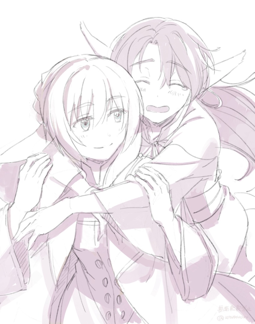 2girls, animal_ears, aquaplus, arms_around_another's_neck, arms_around_shoulders, arms_up, blush, braid