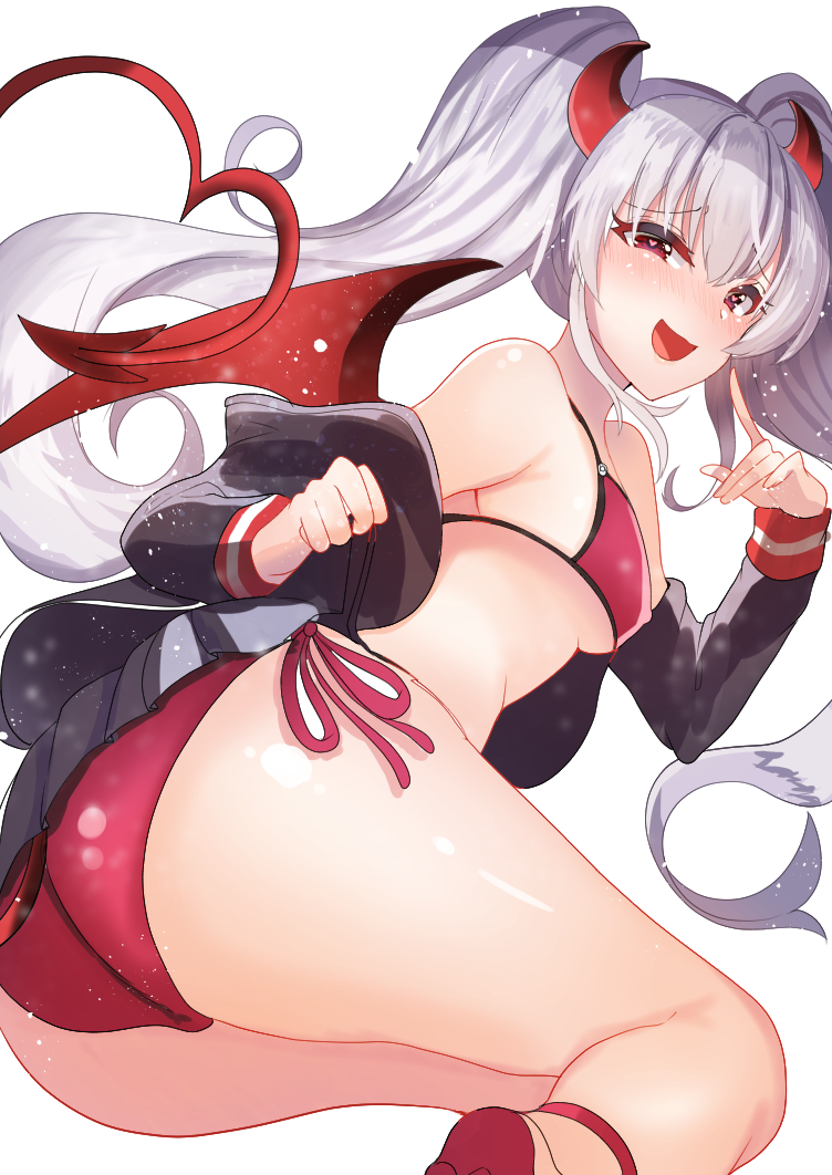 1girl, :d, abi_(abimel10), ass, bikini, black_shirt, bombergirl, demon_girl, demon_horns, demon_tail, demon_wings, evo_grim, gradient_horns, grey_hair, grim_aloe, heart, heart-shaped_pupils, horns, long_hair, looking_at_viewer, multicolored_horns, open_mouth, quiz_magic_academy, quiz_magic_academy_the_world_evolve, red_bikini, red_eyes, red_footwear, red_horns, red_tail, red_wings, shirt, simple_background, smile, solo, swimsuit, symbol-shaped_pupils, tail, twintails, white_background, white_hair, wings