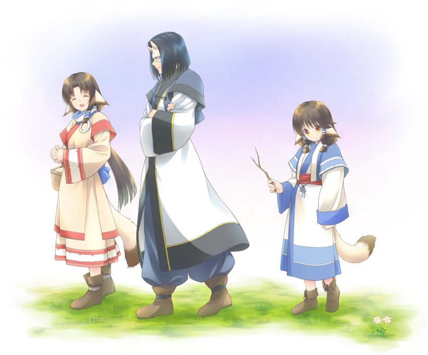 age_difference, ainu_clothes, animal_ears, aquaplus, aruruu, basket, black_hair, blush