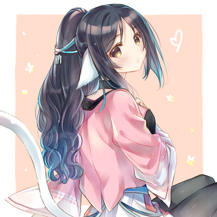 1girl, ainu_clothes, animal_ears, aquaplus, arm_up, black_hair, blush, breasts