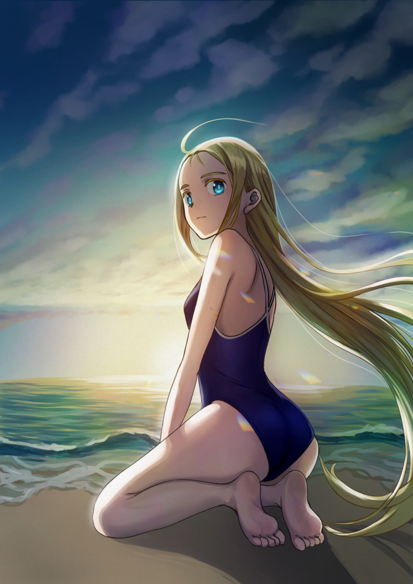 1girl, ahoge, backlighting, bad_anatomy, bad_leg, barefoot, beach, blonde_hair