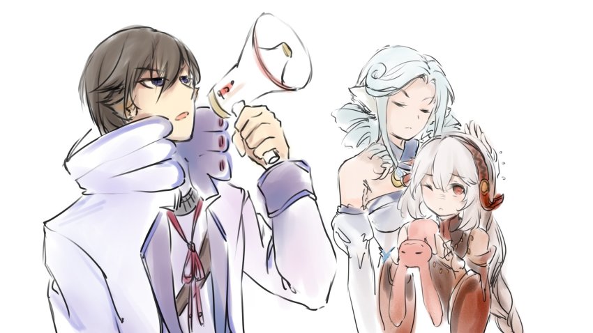 1boy, 2girls, ainu_clothes, animal_ears, aquaplus, bare_shoulders, blue_hair, braid