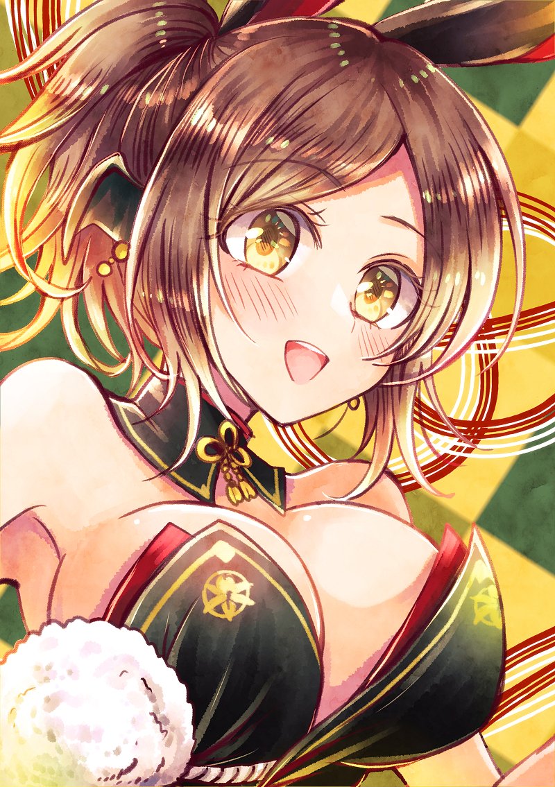 1girl, aquaplus, bare_shoulders, blush, breasts, brown_hair, choker, cleavage