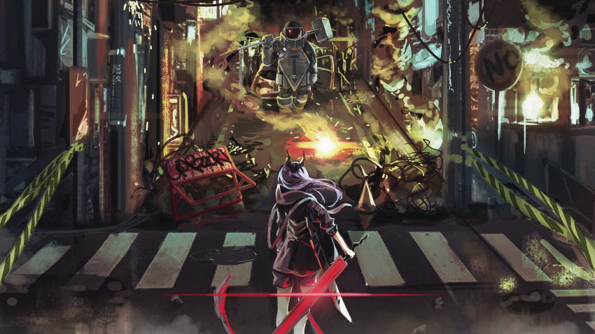 1boy, 1girl, absurdres, arknights, big_bob_(arknights), black_jacket, black_shorts, blue_hair