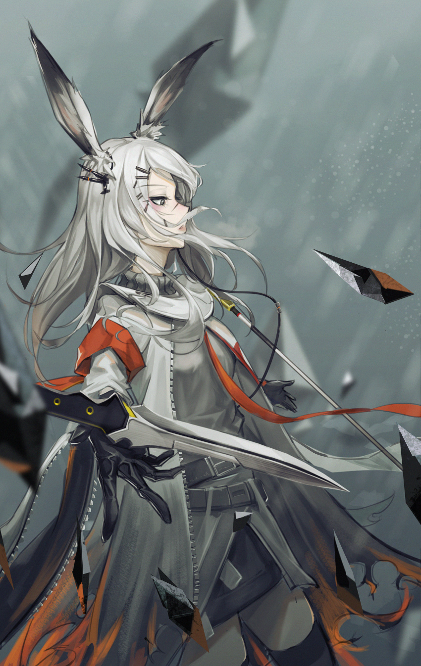 1girl, absurdres, animal_ears, arknights, arm_ribbon, black_gloves, black_hair, black_skirt