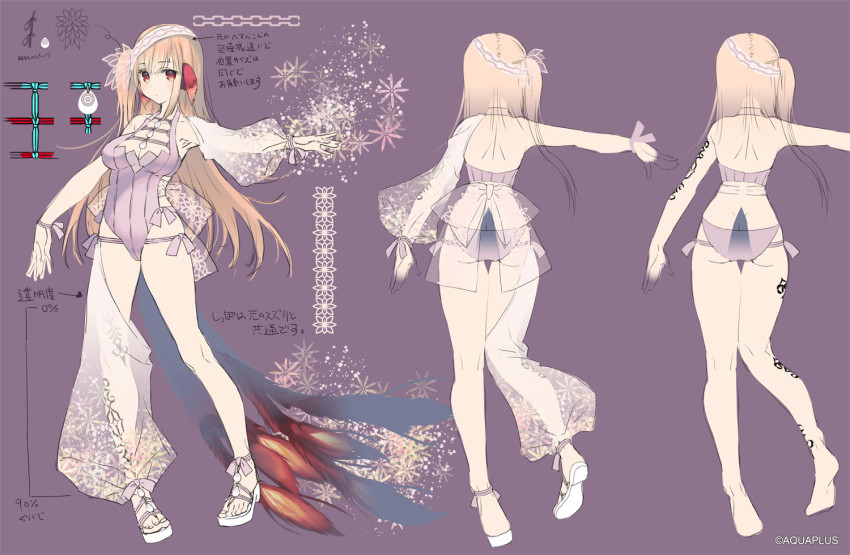 1girl, ainu_clothes, animal_ears, aquaplus, arm_tattoo, arm_up, ass, backless_outfit