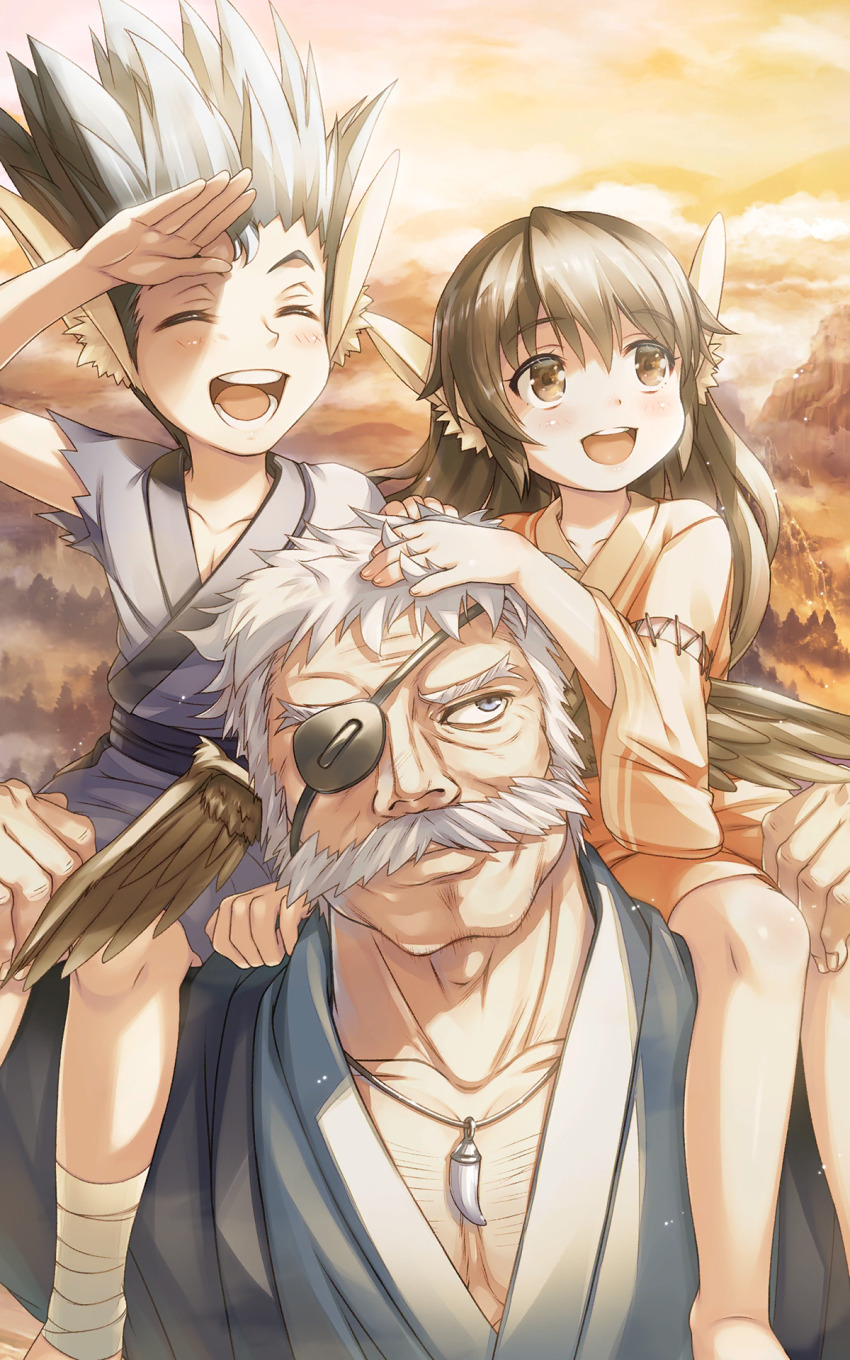 1girl, 2boys, age_difference, animal_ears, aquaplus, artist_request, brother_and_sister, brown_eyes, brown_hair, carrying, carrying_person, eyepatch, closed_eyes, facial_hair, family, genjimaru_(utawarerumono), grandfather_and_granddaughter, grandfather_and_grandson, grey_eyes, grey_hair, hand_on_another's_head, height_difference, hien_(utawarerumono), highres, japanese_clothes, jewelry, kimono, long_hair, long_sleeves, looking_to_the_side, looking_up, messy_hair, multiple_boys, muscular, muscular_male, mustache, necklace, nose, official_art, old, old_man, open_mouth, sakuya_(utawarerumono), short_hair, siblings, sitting, sitting_on_person, sitting_on_shoulder, spiked_hair, teeth, tongue, utawarerumono, utawarerumono:_lost_flag, wide_sleeves, wrinkled_skin, aged_down
