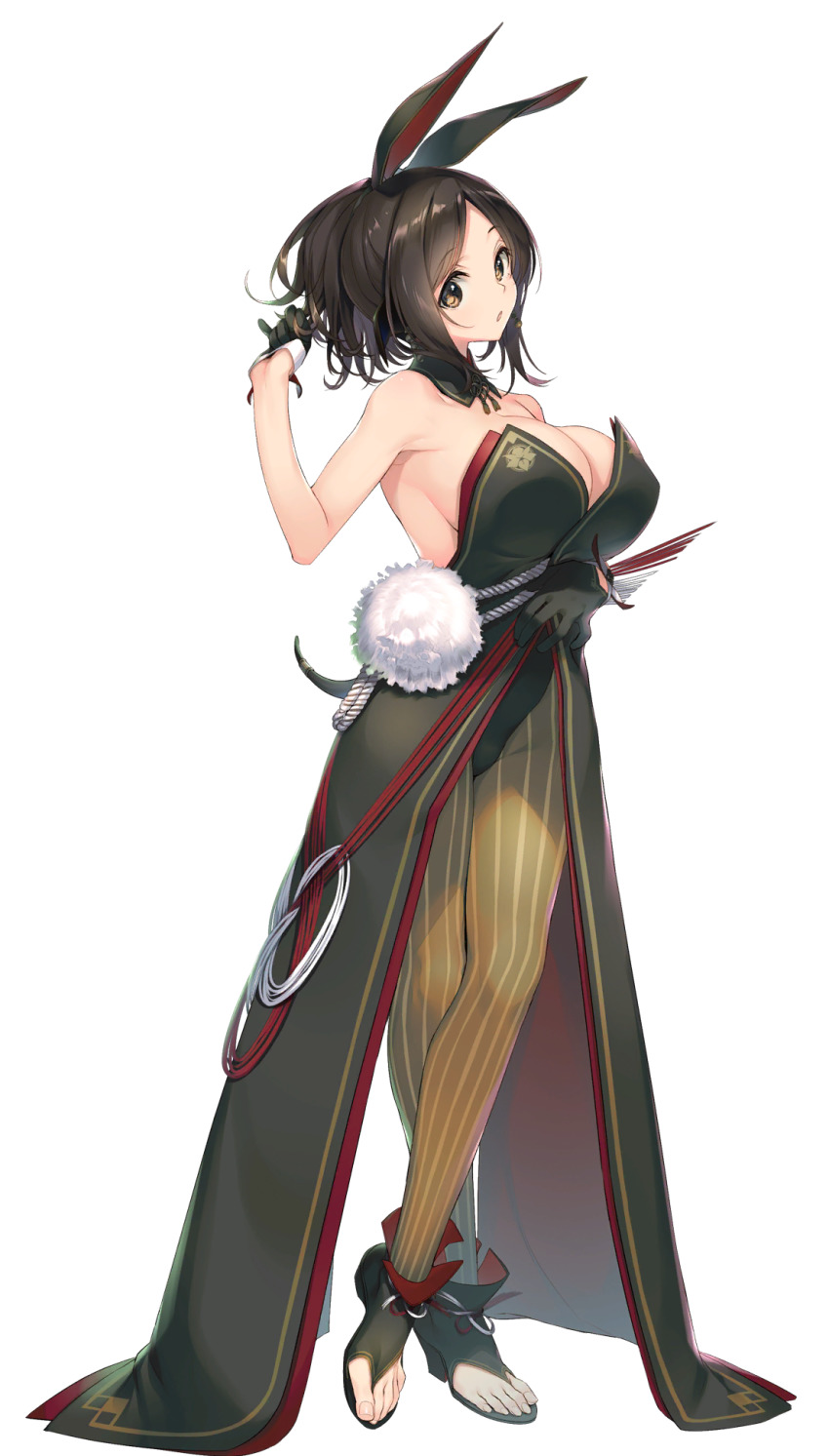 1girl, aquaplus, arm_up, bare_shoulders, breasts, brown_eyes, brown_hair, choker, cleavage, crossed_legs, dress, feet, from_side, full_body, gloves, gradient_eyes, high_heels, highres, huge_breasts, leotard, looking_at_viewer, mahomi, medium_hair, multicolored_eyes, official_art, pantyhose, playboy_bunny, ponytail, rabbit_ears, sidelocks, sleeveless, solo, standing, strapless, strapless_dress, strapless_leotard, striped_clothes, striped_pantyhose, tail, tatami_to_hinoki, toenails, toes, transparent, utawarerumono, utawarerumono:_lost_flag