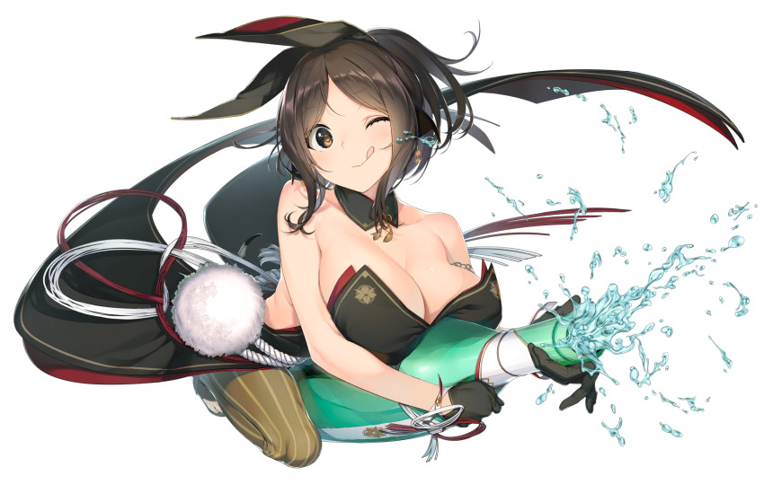 1girl, aquaplus, backless_outfit, bare_shoulders, blush, bottle, breasts, brown_eyes