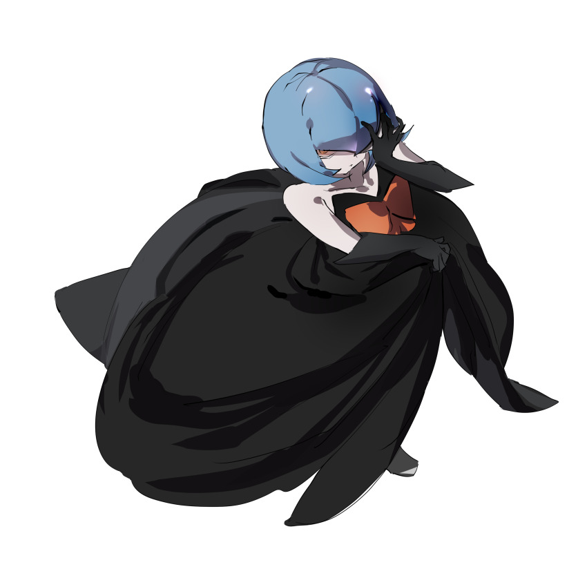 1girl, absurdres, alternate_color, bare_shoulders, black_dress, black_gloves, blue_hair, bob_cut, bow, closed_mouth, clothes_lift, collarbone, colored_skin, dress, dress_bow, dress_lift, elbow_gloves, female_focus, flat_chest, from_above, full_body, gardevoir, gen_3_pokemon, gloves, hand_on_own_face, highres, holding_own_dress, lifting_own_clothes, looking_at_viewer, mega_gardevoir, mega_pokemon, nintendo, orange_eyes, pokemon, pokemon_(creature), red_bow, shiny_pokemon, short_hair, sidelocks, simple_background, sketch, solo, standing, strapless, strapless_dress, tlqkf, white_background, white_skin