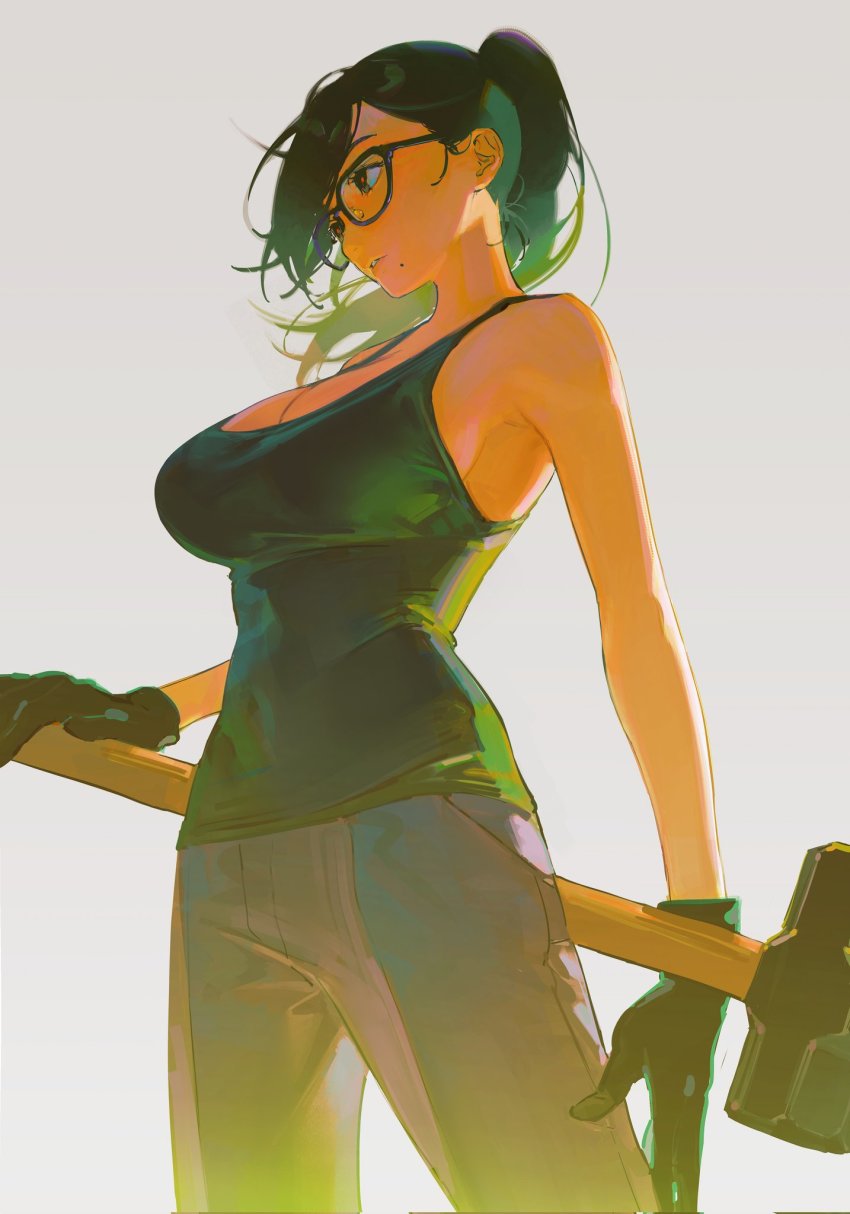 1girl, armpits, bare_shoulders, black-framed_eyewear, black_eyes, black_gloves, black_hair, black_shirt, breasts, cleavage, cowboy_shot, flipped_hair, glasses, gloves, grey_pants, hammer, highres, holding, holding_hammer, kkia, large_breasts, long_hair, looking_to_the_side, minakata_hizuru, mole, mole_under_mouth, pants, parted_lips, ponytail, profile, red_pupils, shirt, sideboob, simple_background, sledgehammer, sleeveless, sleeveless_shirt, solo, standing, summertime_render, swept_bangs, teeth, white_background