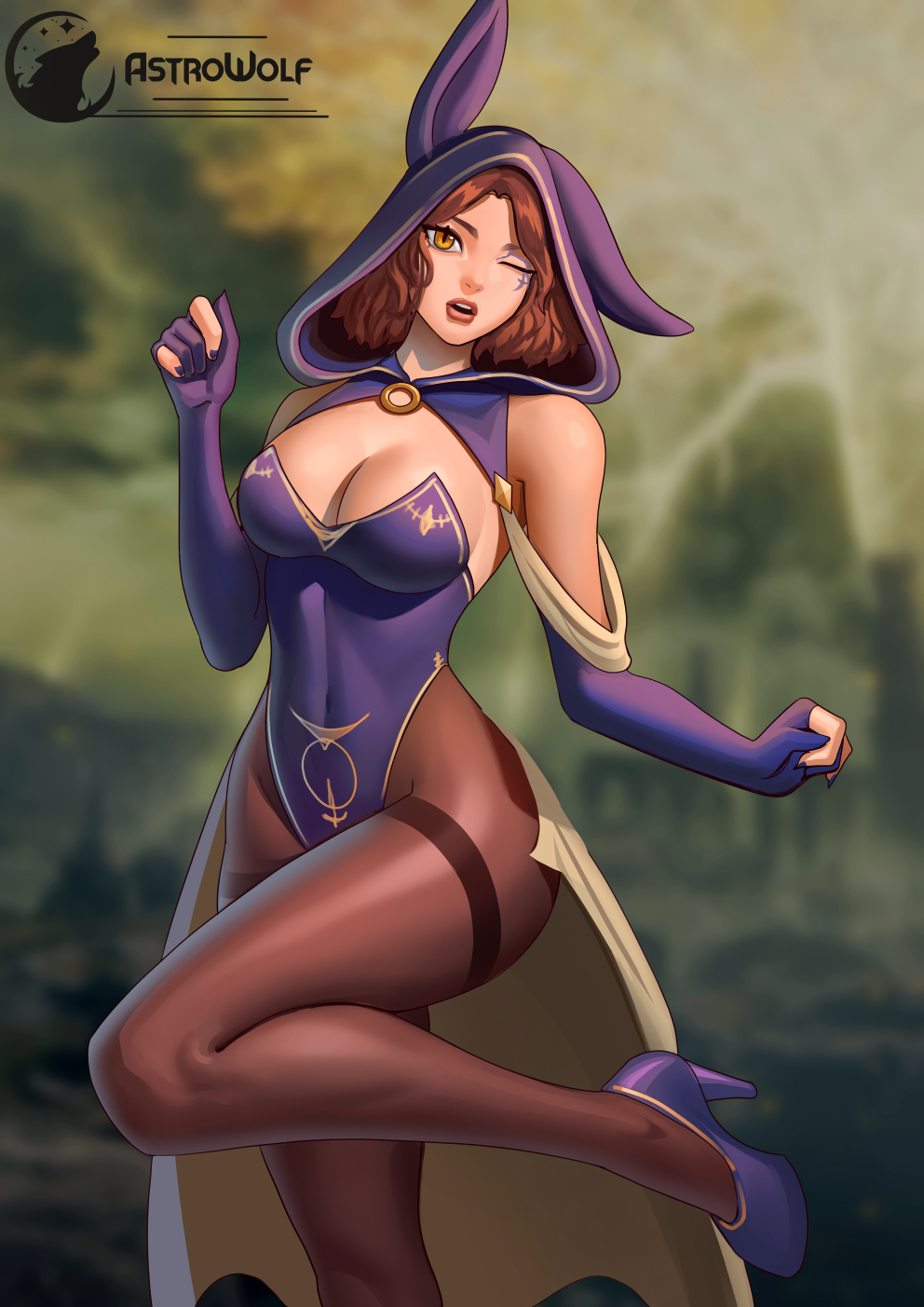 1girl, alternate_costume, animal_ears, animal_hood, artist_logo, artist_name, astrowolf, bare_shoulders, black_pantyhose, blurry, blurry_background, breasts, brown_eyes, brown_hair, brown_pantyhose, cape, cleavage, commentary, covered_navel, depth_of_field, elbow_gloves, elden_ring, english_commentary, facial_tattoo, fake_animal_ears, fingernails, gloves, high_heels, highres, hood, hood_up, leg_up, logo, long_fingernails, looking_at_viewer, medium_breasts, melina_(elden_ring), o-ring, off_shoulder, one_eye_closed, open_mouth, pantyhose, partially_fingerless_gloves, purple_gloves, purple_shoes, rabbit_ears, rabbit_hood, shoes, short_hair, solo, standing, standing_on_one_leg, tattoo, thighband_pantyhose, thighs, wide_hips