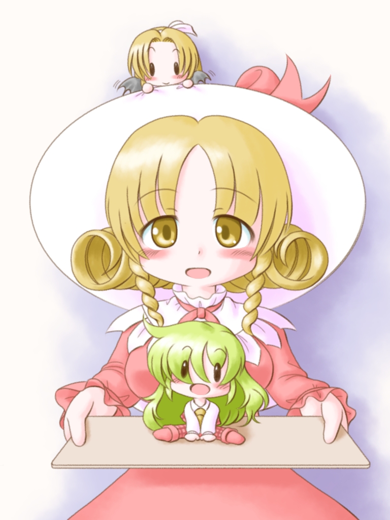 1girl, ascot, bat_wings, blonde_hair, blush, bow, character_doll, closed_mouth, curly_hair, doll, dress, echigo_yaya, elly_(touhou), green_hair, hair_ribbon, hat, holding, kazami_yuuka, kazami_yuuka_(pc-98), kurumi_(touhou), long_hair, long_sleeves, multiple_girls, open_mouth, pants, plaid_clothes, plaid_vest, red_dress, ribbon, shirt, short_hair, simple_background, smile, solid_oval_eyes, touhou, touhou_(pc-98), vest, wings, yellow_eyes