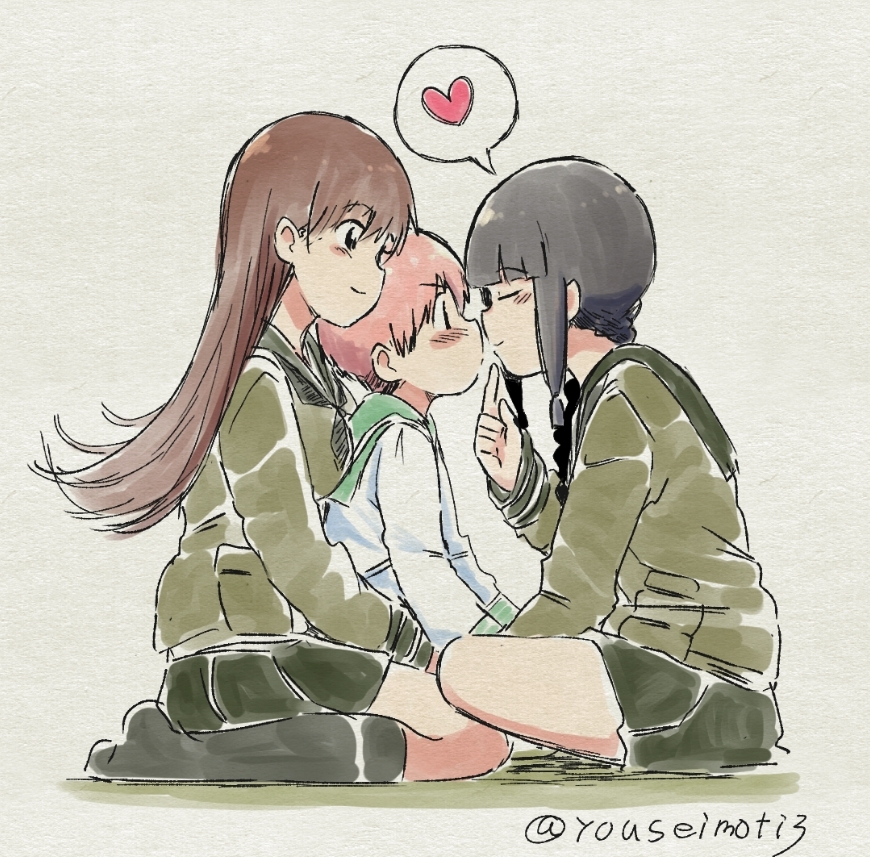 1boy, 2girls, age_difference, black_hair, black_legwear, blunt_bangs, blush, braid, breasts, brown_eyes, brown_hair, child, closed_eyes, commentary_request, hair_ribbon, heart, holding, kantai_collection, kitakami_(kancolle), kneeling, long_hair, long_sleeves, looking_at_another, mochisaka_mitsuki, multiple_girls, on_floor, onee-shota, ooi_(kancolle), orange_hair, pleated_skirt, pointing, pointing_at_self, ribbon, sailor_collar, school_uniform, serafuku, short_hair, sidelocks, simple_background, skirt, smile, speech_bubble, traditional_media, tress_ribbon