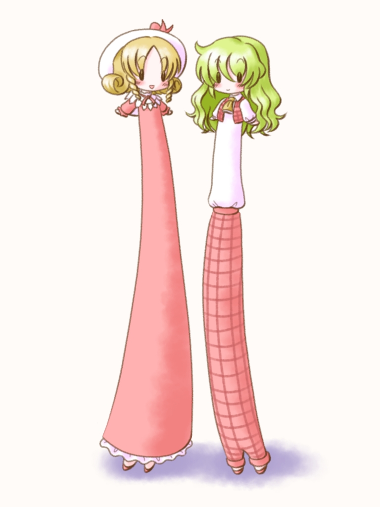 2girls, ascot, blonde_hair, blouse, blush, bow, dress, echigo_yaya, elly_(touhou), green_hair, hat, kazami_yuuka, kazami_yuuka_(pc-98), long_body, long_hair, long_sleeves, multiple_girls, pants, plaid_clothes, plaid_pants, plaid_vest, red_dress, red_footwear, ribbon, shirt, short_hair, simple_background, small_arms, smile, solid_oval_eyes, touhou, touhou_(pc-98), vest, white_shirt