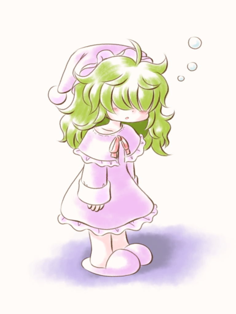 1girl, echigo_yaya, frilled_hat, frilled_nightgown, frills, green_hair, hair_over_eyes, hat