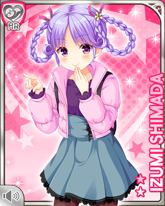 1girl, backpack, bag, braid, character_name, closed_mouth, girlfriend_(kari), grey_skirt, hair_ribbon, jacket, leggings, looking_at_viewer, official_art, pink_background, pink_jacket, purple_eyes, purple_hair, purple_shirt, qp:flapper, ribbon, shimada_izumi, shirt, skirt, smile, solo, tagme