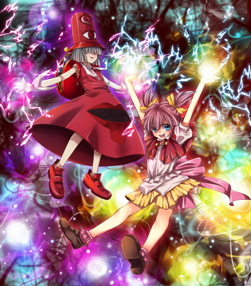 2girls, arc_the_lad, arc_the_lad_twilight_of_the_spirits, bebedora_(arc_the_lad), full_body, highres, izumi_kouyou, looking_at_viewer, magic, multiple_girls, open_mouth, short_hair, smile, socks