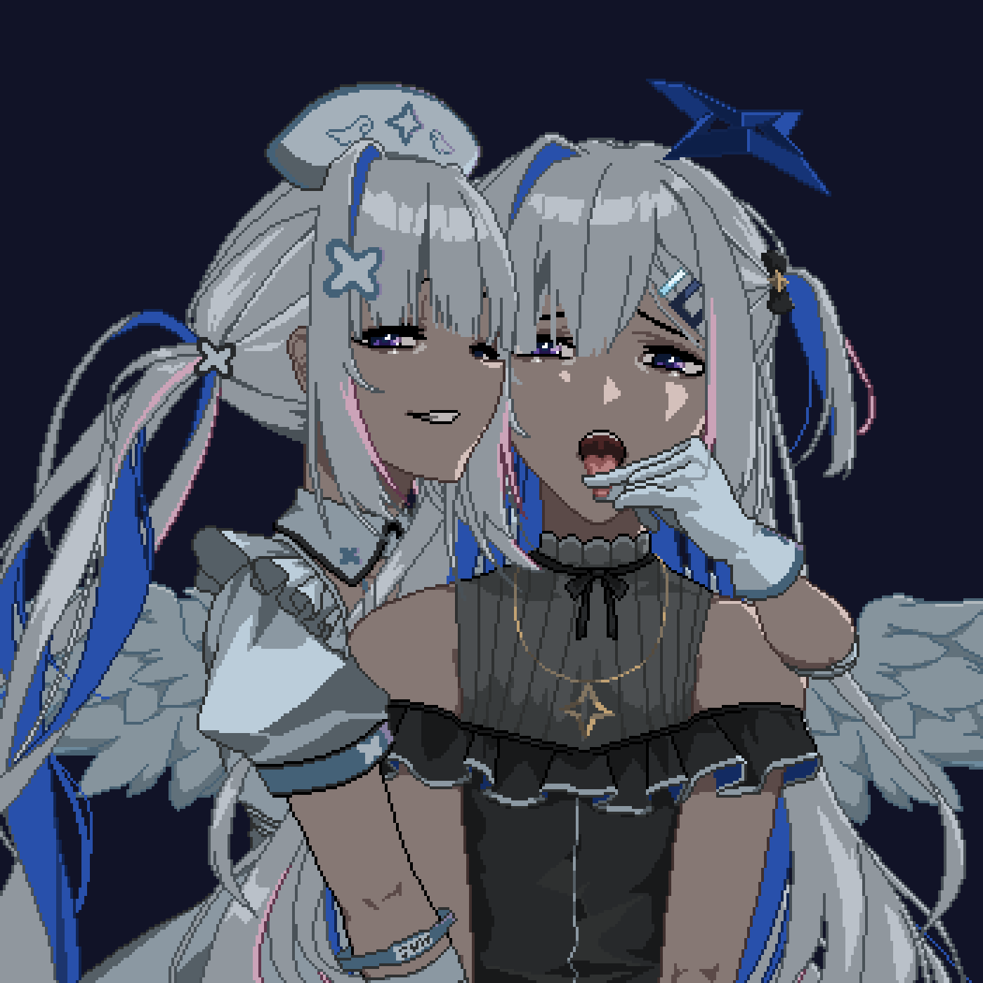 2girls, amane_kanata, amane_kanata_(nurse), angel_wings, baiyuu, blue_hair, colored_inner_hair, dual_persona