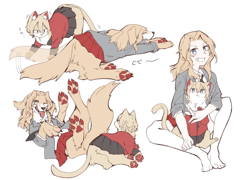 1girl, afterimage, animal, animalization, black_skirt, blonde_hair, blouse, blue_eyes, braid, cat, collared_shirt, commentary, darjeeling_(girls_und_panzer), dog, girls_und_panzer, grin, hair_intakes, hasekura_(hachinochun), highres, holding, holding_animal, jacket, kay_(girls_und_panzer), long_hair, looking_at_another, looking_at_viewer, miniskirt, motion_lines, no_shoes, one_eye_closed, open_clothes, open_jacket, pleated_skirt, red_jacket, saunders_school_uniform, school_uniform, shirt, simple_background, sitting, skirt, sleeves_rolled_up, smile, st._gloriana's_military_uniform, tail, tail_wagging, thighhighs, translated, twin_braids, white_background, white_shirt, white_thighhighs