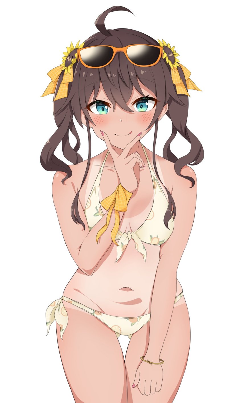 1girl, ahoge, bare_shoulders, bikini, blue_eyes, blush, breasts, brown_hair