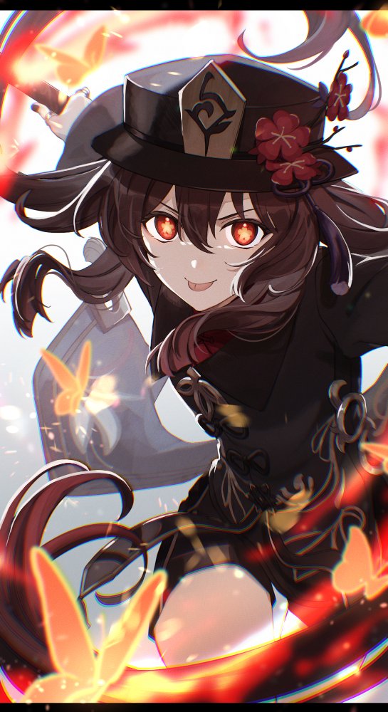 1girl, brown_hair, bug, butterfly, flower, flower-shaped_pupils, genshin_impact, gradient_hair